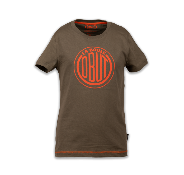 Children's khaki T-shirt with orange vintage logo