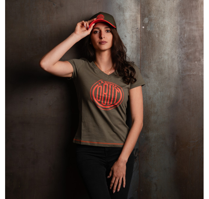 Khaki baseball cap with orange vintage logo