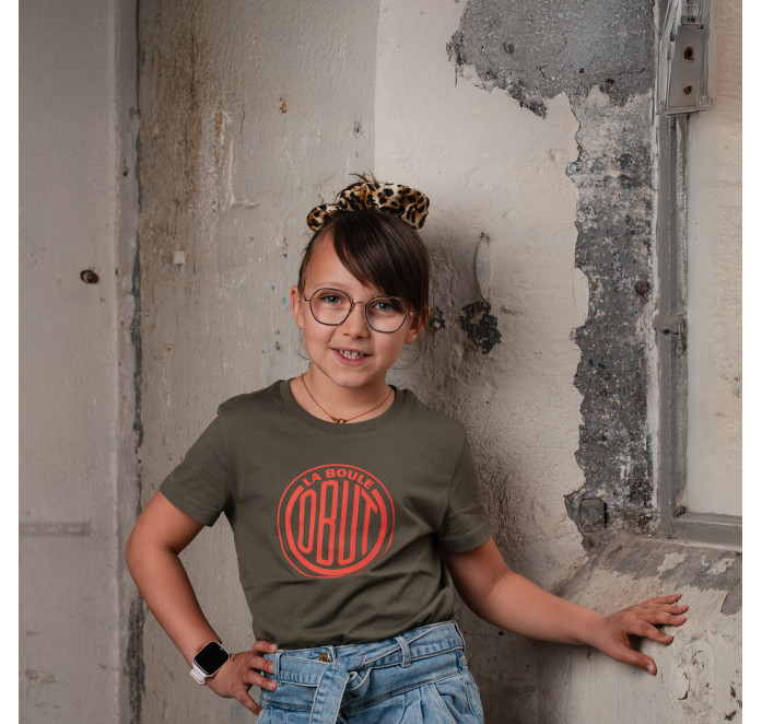 Kaki kinder-T-shirt met vintage oranje logo Kaki kinder-T-shirt met vintage oranje logo